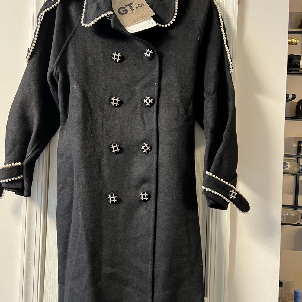 Black Coat with Pearl Accents